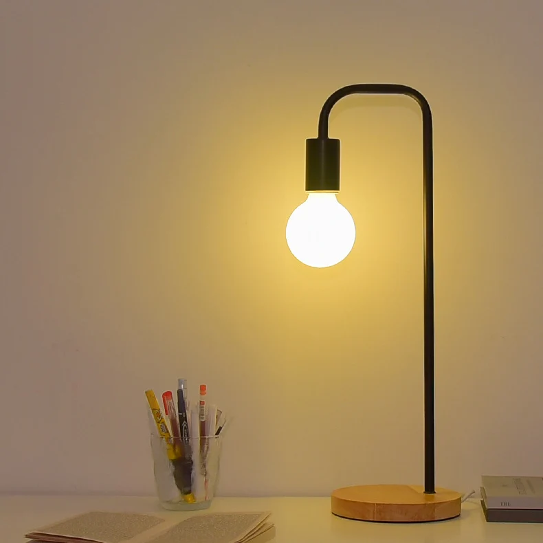 Modern Minimalist Bent Iron Wood Base 1-Light Table Lamp For Living Room