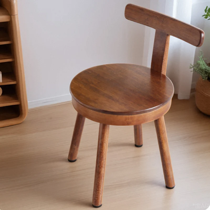 Contemporary Retro Nanmu Bamboo Round Swivel Low Stool With Backrest For Living Room & Study