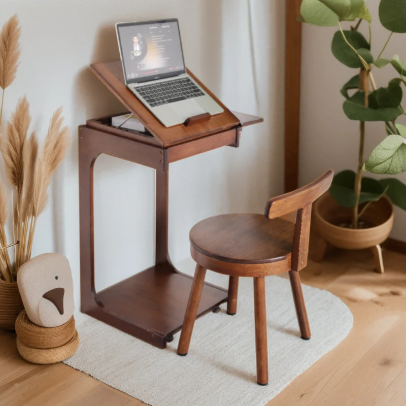 Contemporary Retro Nanmu Bamboo Round Swivel Low Stool With Backrest For Living Room & Study