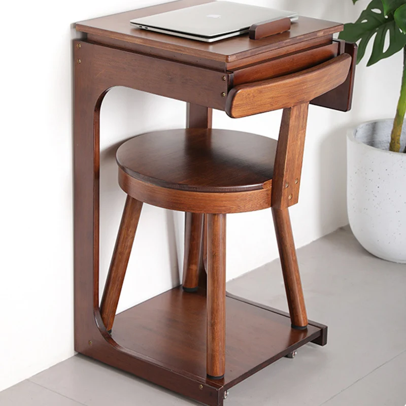 Contemporary Retro Nanmu Bamboo Round Swivel Low Stool With Backrest For Living Room & Study