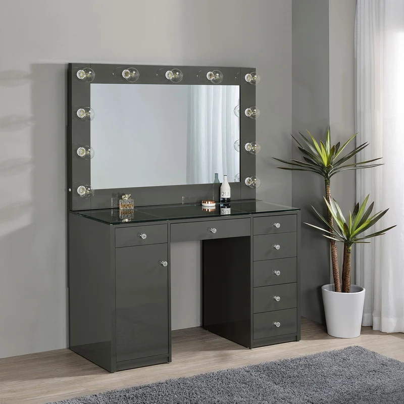 Coaster Furniture Acena 931145 7-Drawer Vanity Set with Lighting - Grey High Gloss