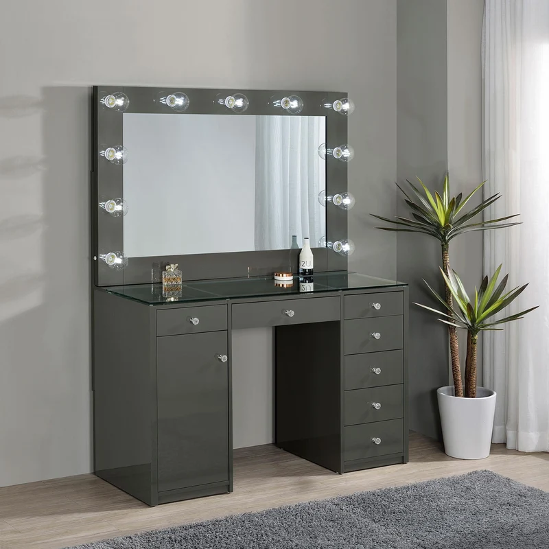 Coaster Furniture Acena 931145 7-Drawer Vanity Set with Lighting - Grey High Gloss