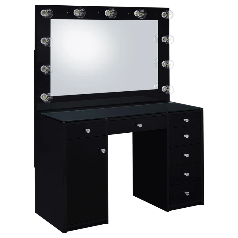 Coaster Furniture Acena 931144 7-Drawer Vanity Set with Lighting - Black High Gloss