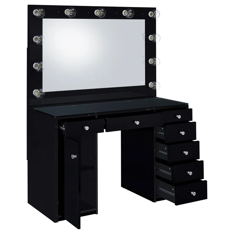 Coaster Furniture Acena 931144 7-Drawer Vanity Set with Lighting - Black High Gloss