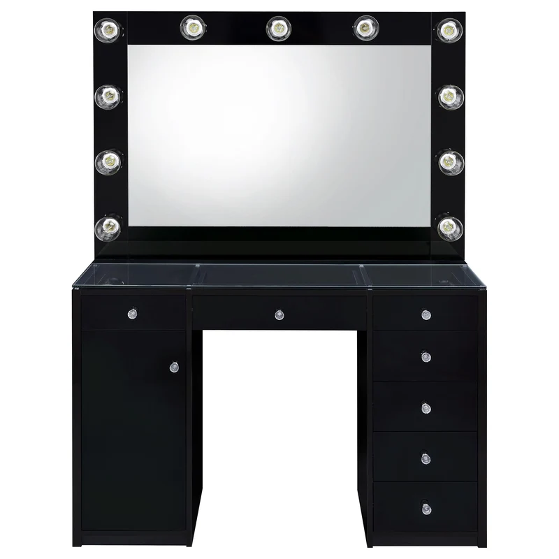 Coaster Furniture Acena 931144 7-Drawer Vanity Set with Lighting - Black High Gloss