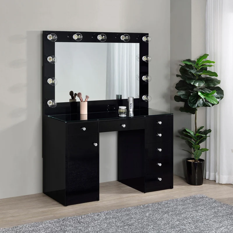 Coaster Furniture Acena 931144 7-Drawer Vanity Set with Lighting - Black High Gloss