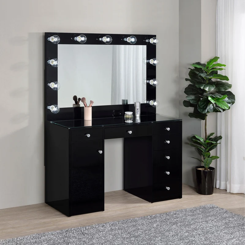 Coaster Furniture Acena 931144 7-Drawer Vanity Set with Lighting - Black High Gloss
