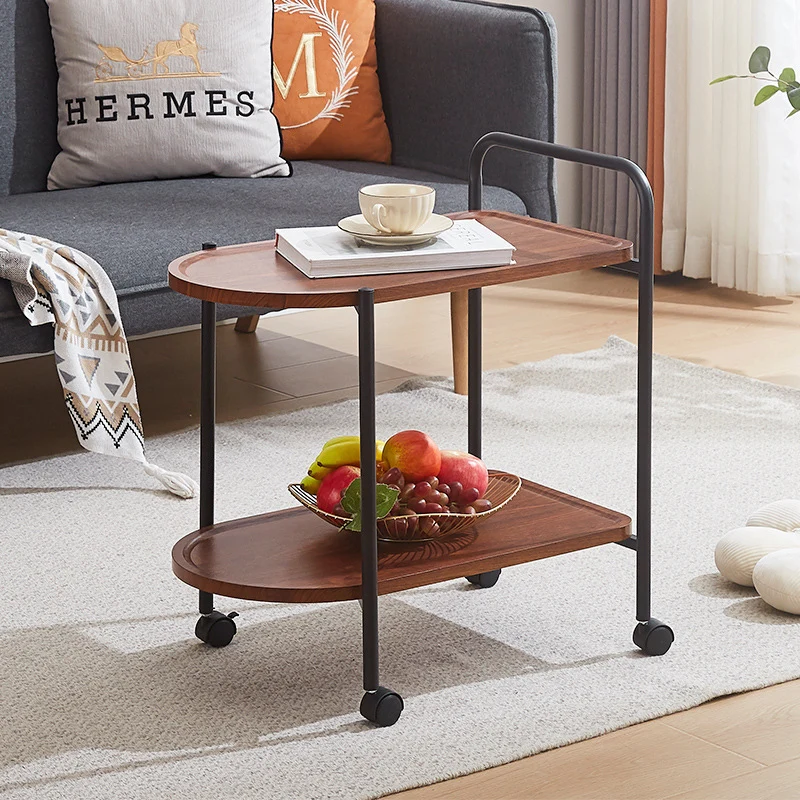 Contemporary Nordic Stainless Steel And Solid Wood Oval End Table With 2-Tier And Mobility For Living Room