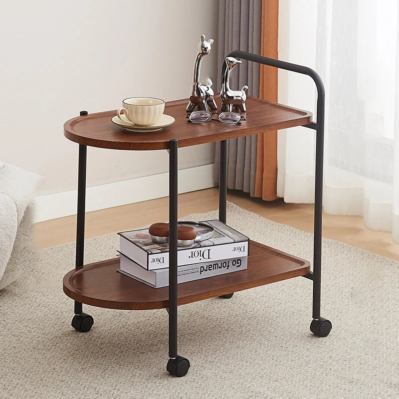 Contemporary Nordic Stainless Steel And Solid Wood Oval End Table With 2-Tier And Mobility For Living Room