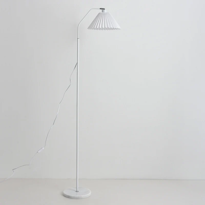 Modern Minimalist Iron & Fabric Pleated Cylinder 1-Light Standing Floor Lamp For Living Room