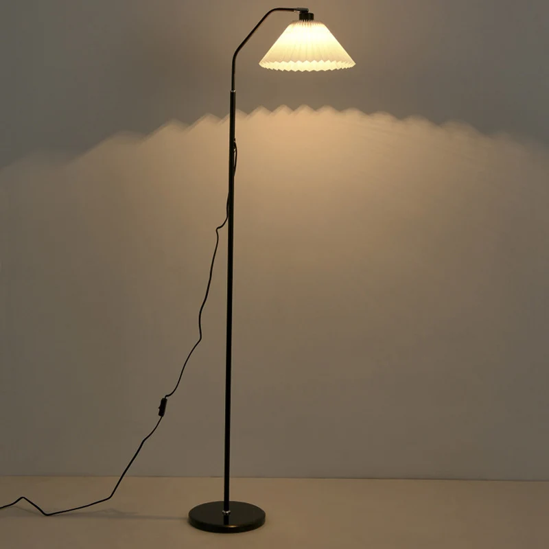 Modern Minimalist Iron & Fabric Pleated Cylinder 1-Light Standing Floor Lamp For Living Room