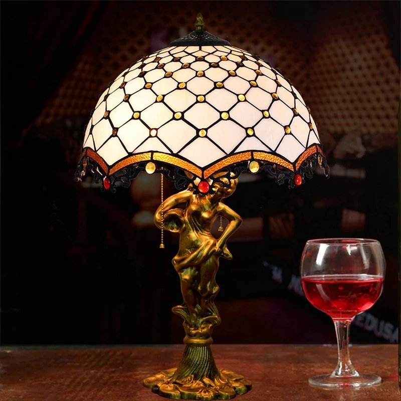 Traditional Tiffany Alloy & Stained Glass Dome Lady Sculpture Base 3-Light Table Lamp For Living Room