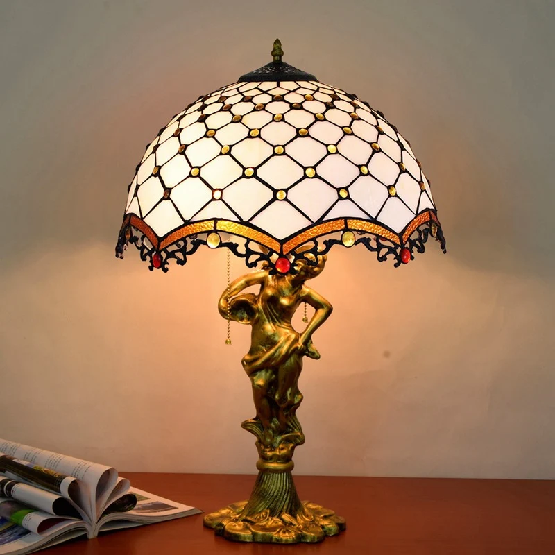 Traditional Tiffany Alloy & Stained Glass Dome Lady Sculpture Base 3-Light Table Lamp For Living Room