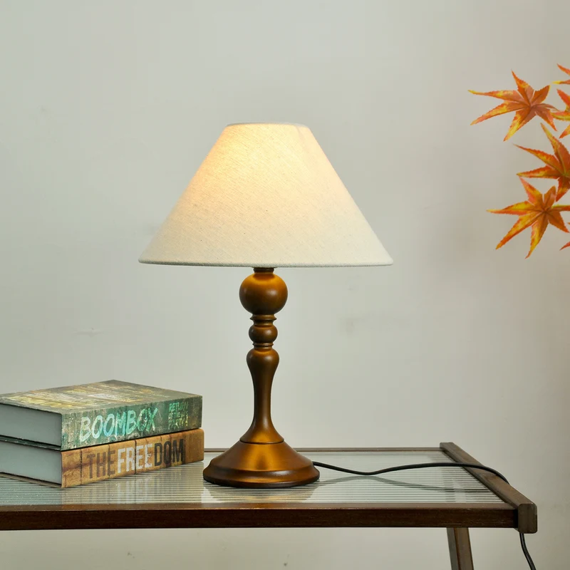 Traditional Japanese Drum Wood Fabric 1-Light Table Lamp For Living Room