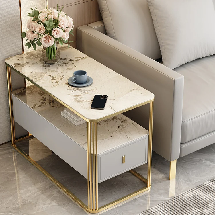 Modern Luxury Porcelain Slab Microfiber Leather Carbon Steel Rectangular Side Table With 2 Tiers And 1 Drawer For Living Room And Bedroom