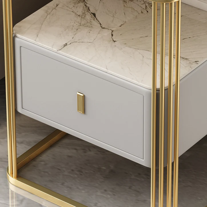 Modern Luxury Porcelain Slab Microfiber Leather Carbon Steel Rectangular Side Table With 2 Tiers And 1 Drawer For Living Room And Bedroom