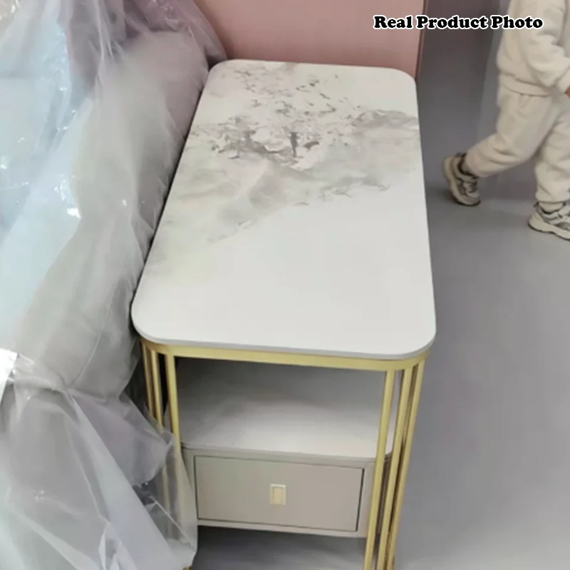 Modern Luxury Porcelain Slab Microfiber Leather Carbon Steel Rectangular Side Table With 2 Tiers And 1 Drawer For Living Room And Bedroom