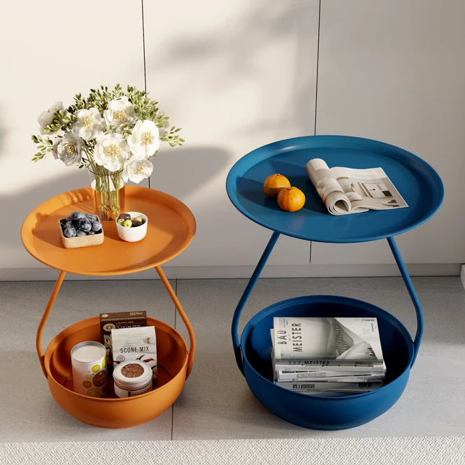 Contemporary Nordic Carbon Steel Round Side Table With 2-Tier Storage For Living Room And Bedroom