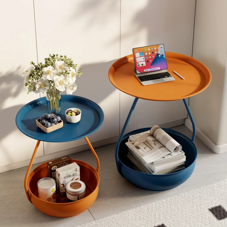 Contemporary Nordic Carbon Steel Round Side Table With 2-Tier Storage For Living Room And Bedroom