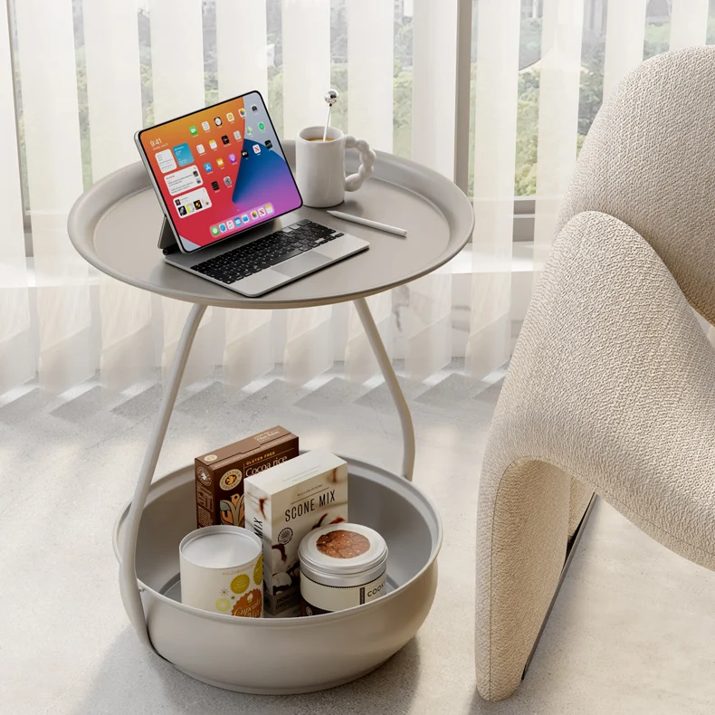 Contemporary Nordic Carbon Steel Round Side Table With 2-Tier Storage For Living Room And Bedroom