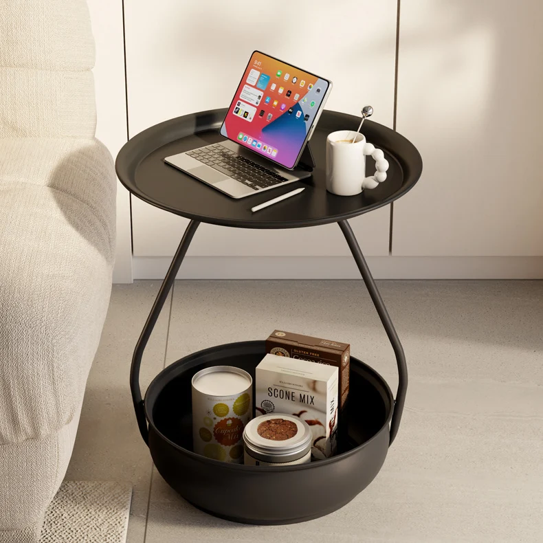 Contemporary Nordic Carbon Steel Round Side Table With 2-Tier Storage For Living Room And Bedroom
