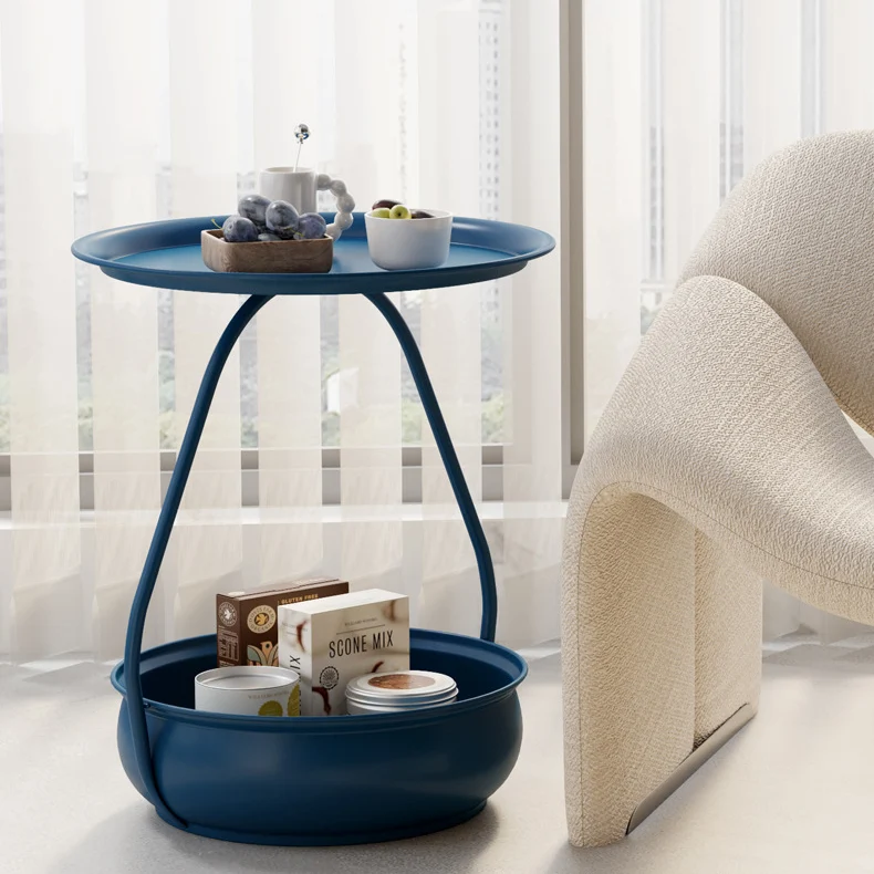 Contemporary Nordic Carbon Steel Round Side Table With 2-Tier Storage For Living Room And Bedroom