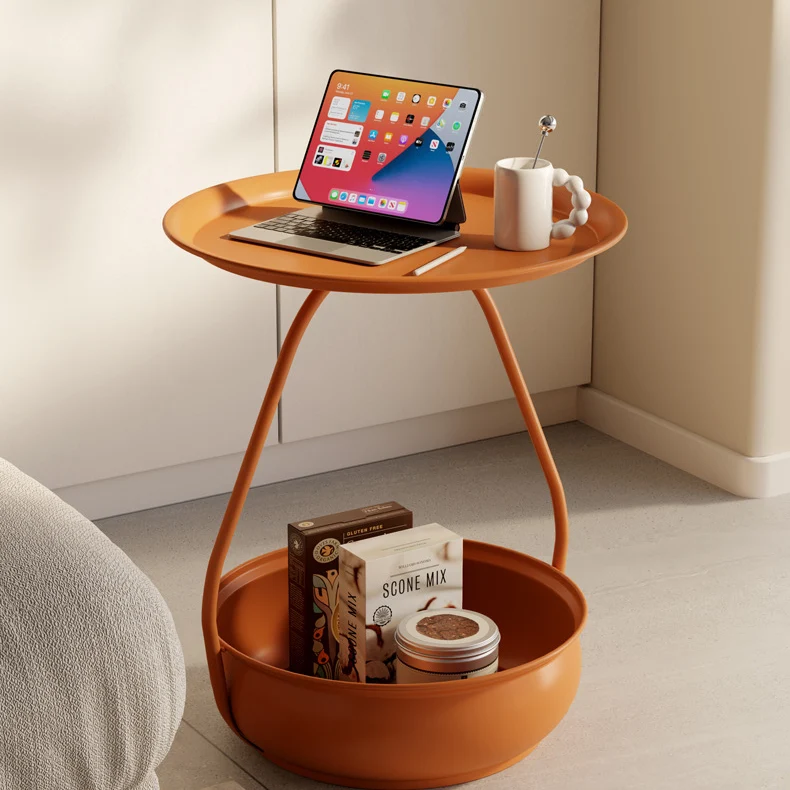 Contemporary Nordic Carbon Steel Round Side Table With 2-Tier Storage For Living Room And Bedroom