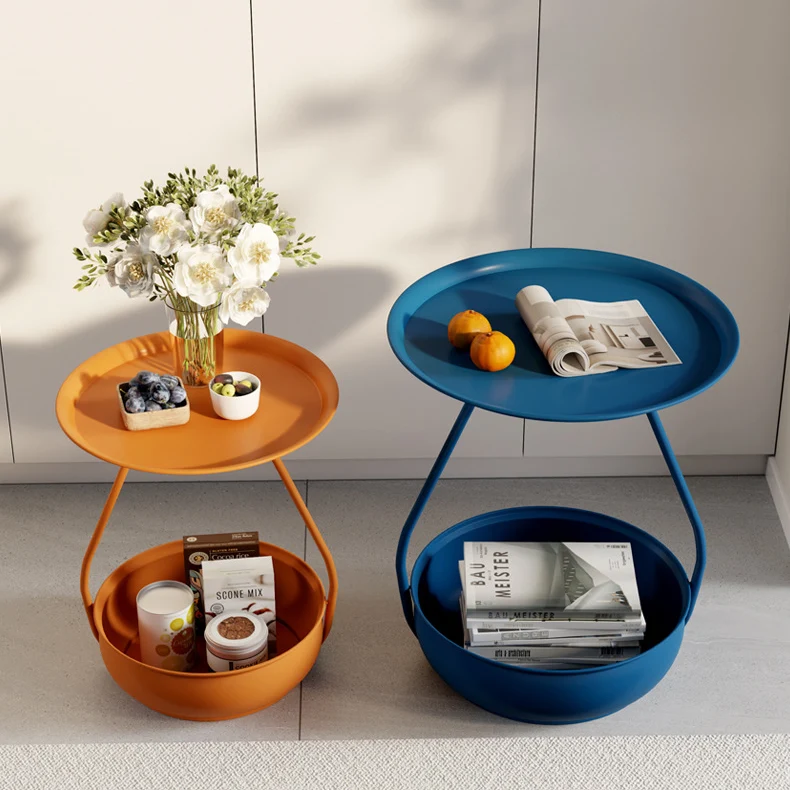 Contemporary Nordic Carbon Steel Round Side Table With 2-Tier Storage For Living Room And Bedroom