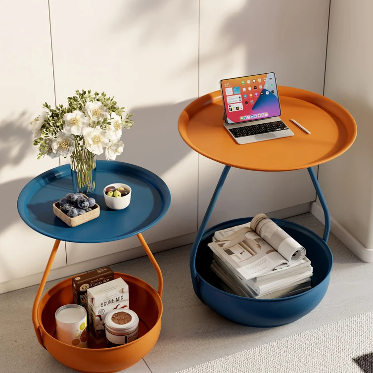 Contemporary Nordic Carbon Steel Round Side Table With 2-Tier Storage For Living Room And Bedroom