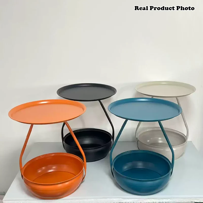 Contemporary Nordic Carbon Steel Round Side Table With 2-Tier Storage For Living Room And Bedroom