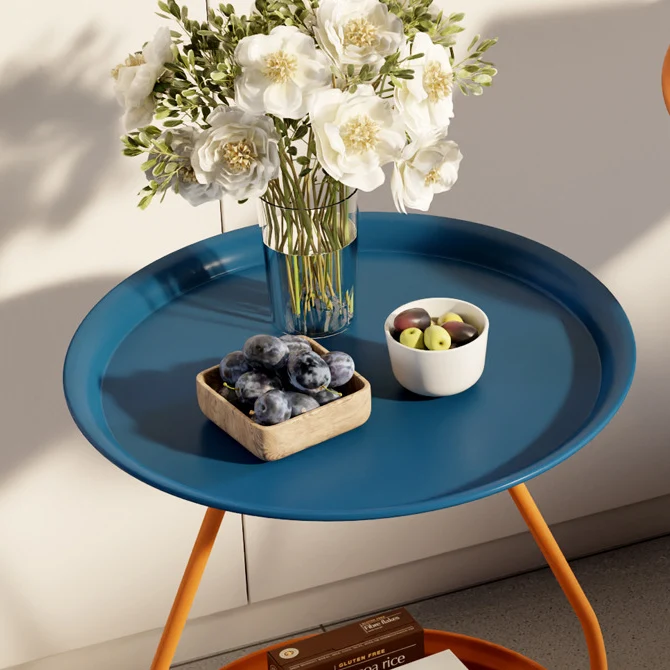 Contemporary Nordic Carbon Steel Round Side Table With 2-Tier Storage For Living Room And Bedroom