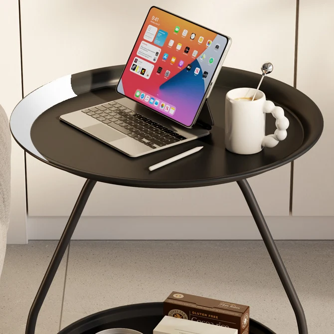 Contemporary Nordic Carbon Steel Round Side Table With 2-Tier Storage For Living Room And Bedroom