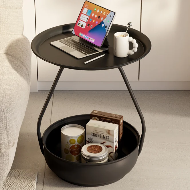 Contemporary Nordic Carbon Steel Round Side Table With 2-Tier Storage For Living Room And Bedroom