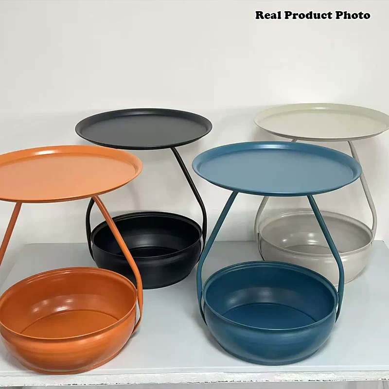 Contemporary Nordic Carbon Steel Round Side Table With 2-Tier Storage For Living Room And Bedroom