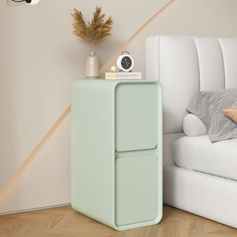 Modern Minimalist Solid Wood And Microfiber Leather Rectangular Narrow Nightstand With 2 Drawers For Bedroom
