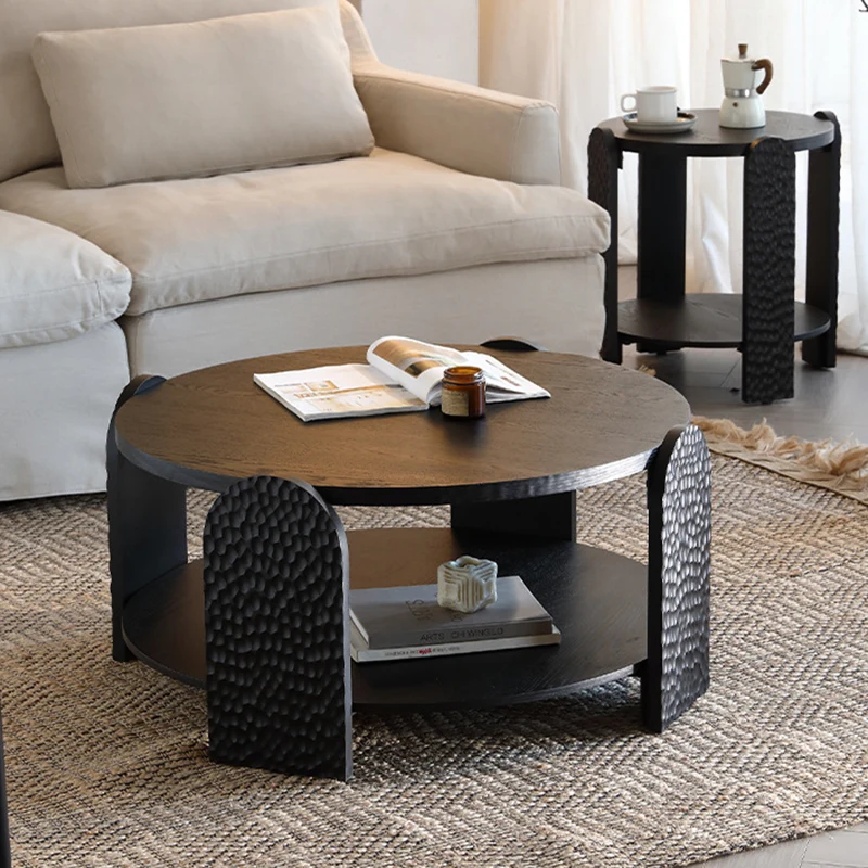 Modern Mid-Century Pine Wood MDF Round Black Side Table 1-Tier For Living Room
