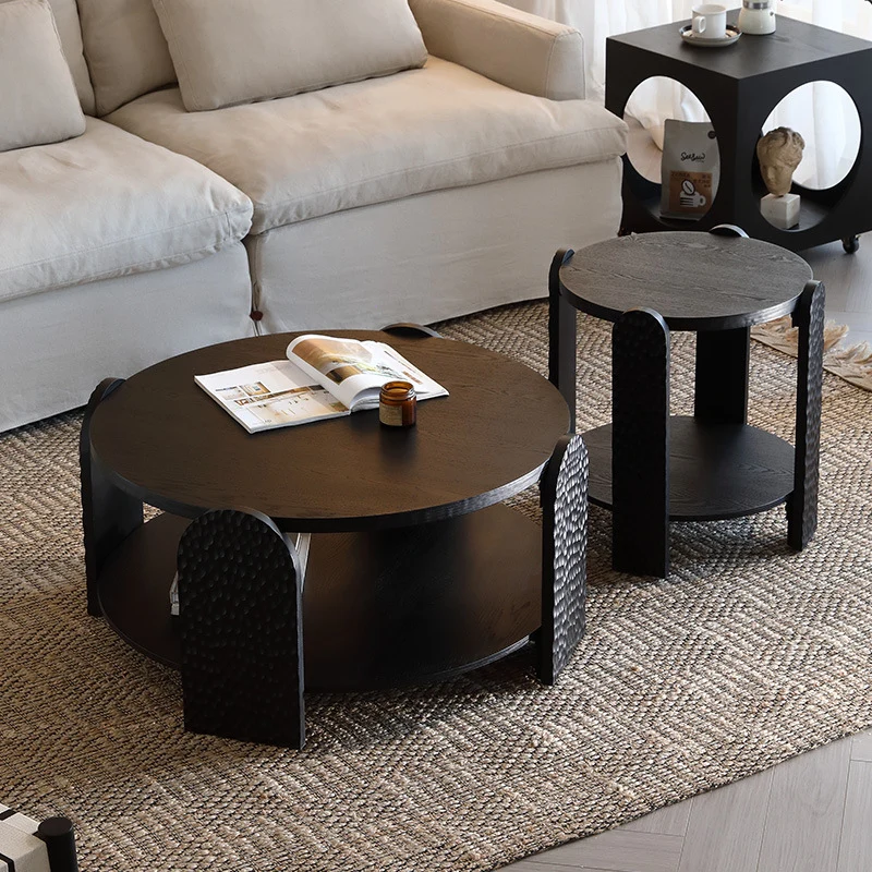 Modern Mid-Century Pine Wood MDF Round Black Side Table 1-Tier For Living Room