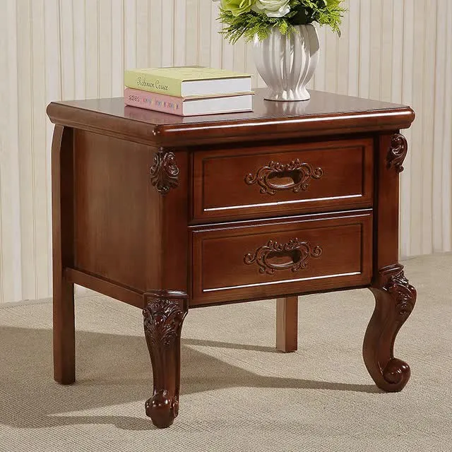 Traditional Vintage Rubber Wood & Metal Carved Curved Square Nightstand With 2 Drawers For Bedroom