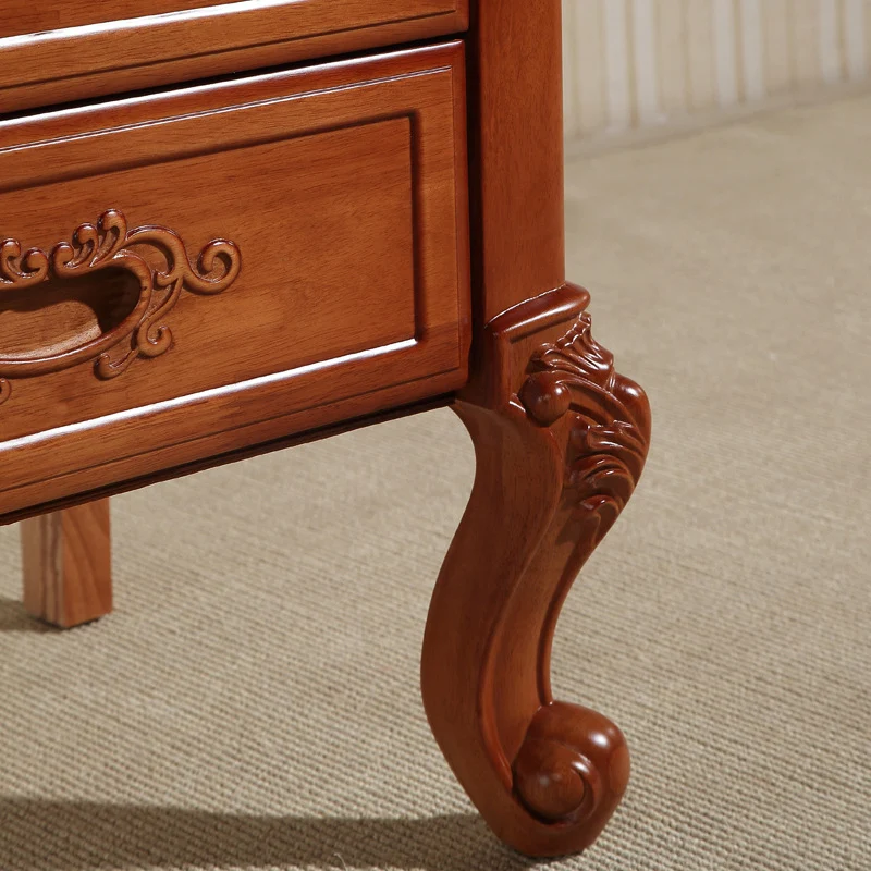 Traditional Vintage Rubber Wood & Metal Carved Curved Square Nightstand With 2 Drawers For Bedroom