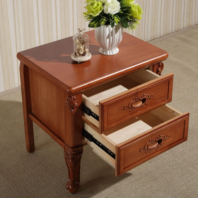 Traditional Vintage Rubber Wood & Metal Carved Curved Square Nightstand With 2 Drawers For Bedroom