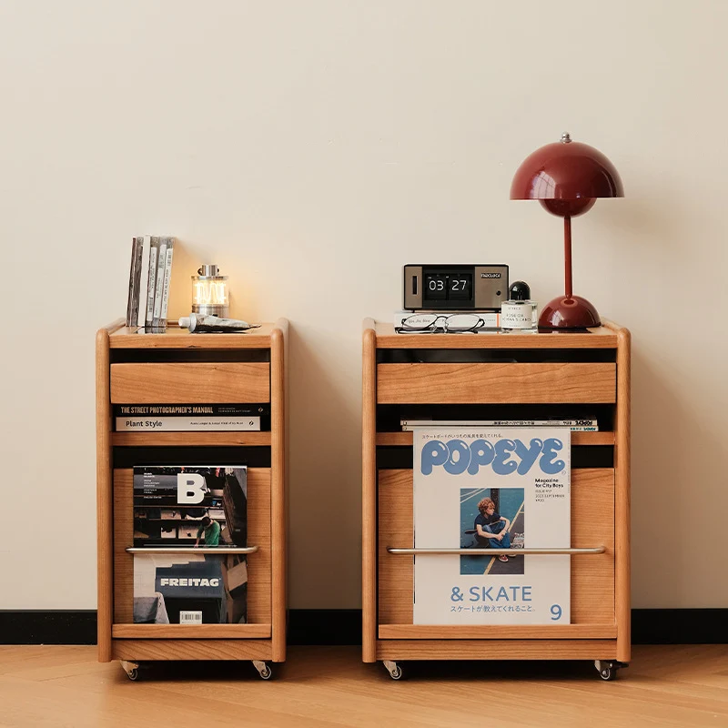 Traditional Japanese Cherry Wood & Stainless Steel Mobile Rectangular Nightstand 3-Tier For Bedroom