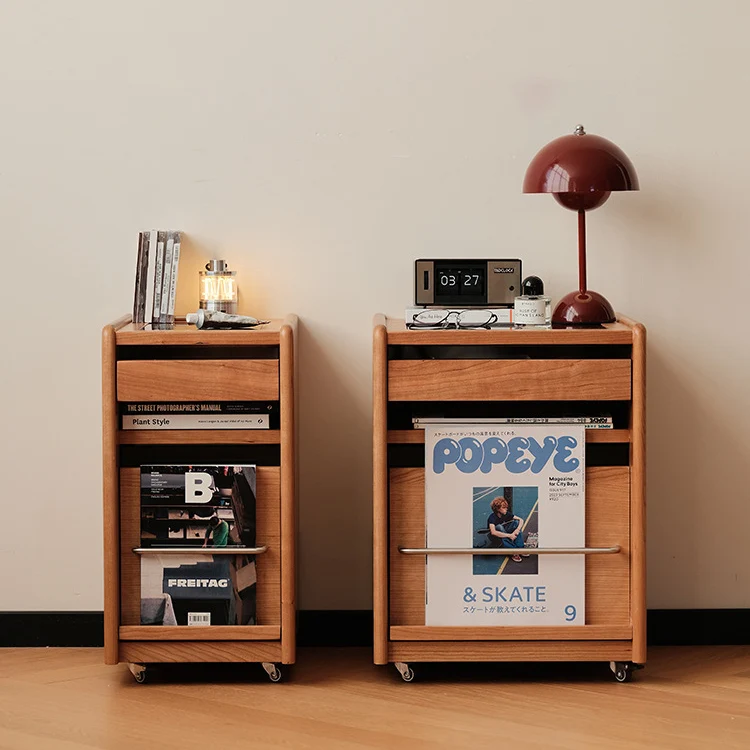 Traditional Japanese Cherry Wood & Stainless Steel Mobile Rectangular Nightstand 3-Tier For Bedroom
