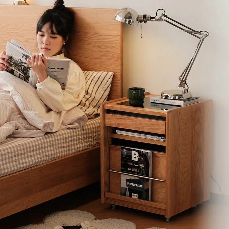 Traditional Japanese Cherry Wood & Stainless Steel Mobile Rectangular Nightstand 3-Tier For Bedroom