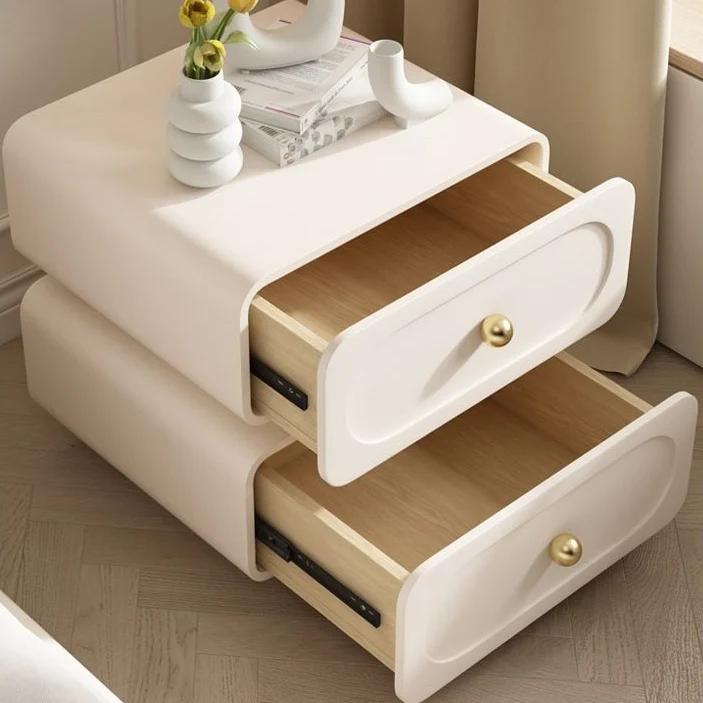 Modern Minimalist Solid Wood & Metal Rounded Square Nightstand 2-Drawer With Ball Accents For Bedroom