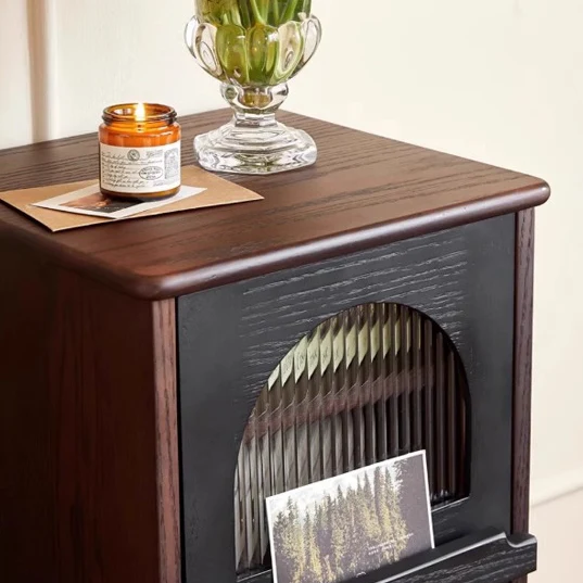 Traditional Vintage Ash Wood & Glass Round Square Textured Nightstand 1-Drawer For Bedroom