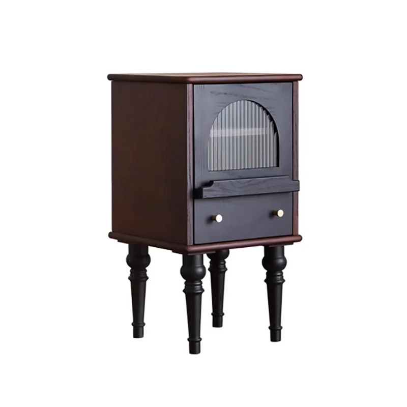 Traditional Vintage Ash Wood & Glass Round Square Textured Nightstand 1-Drawer For Bedroom