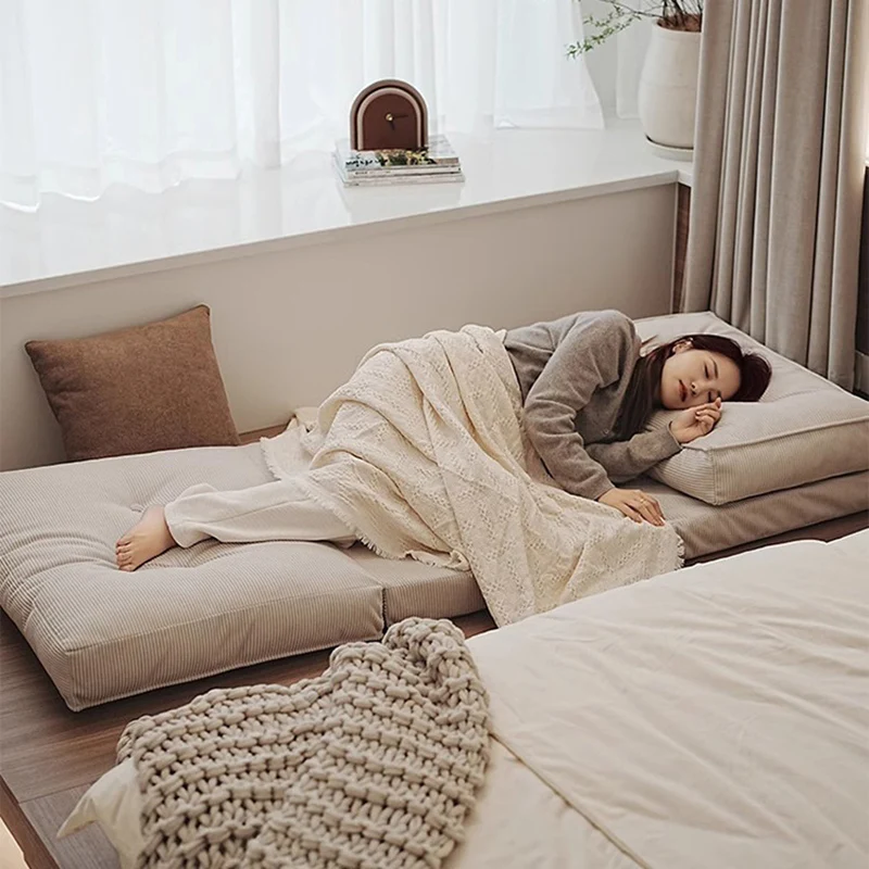 Contemporary Scandinavian Corduroy & Cotton Iron Tofu-Style Foldable Lazy Sofa With Backrest For Living Room & Bedroom