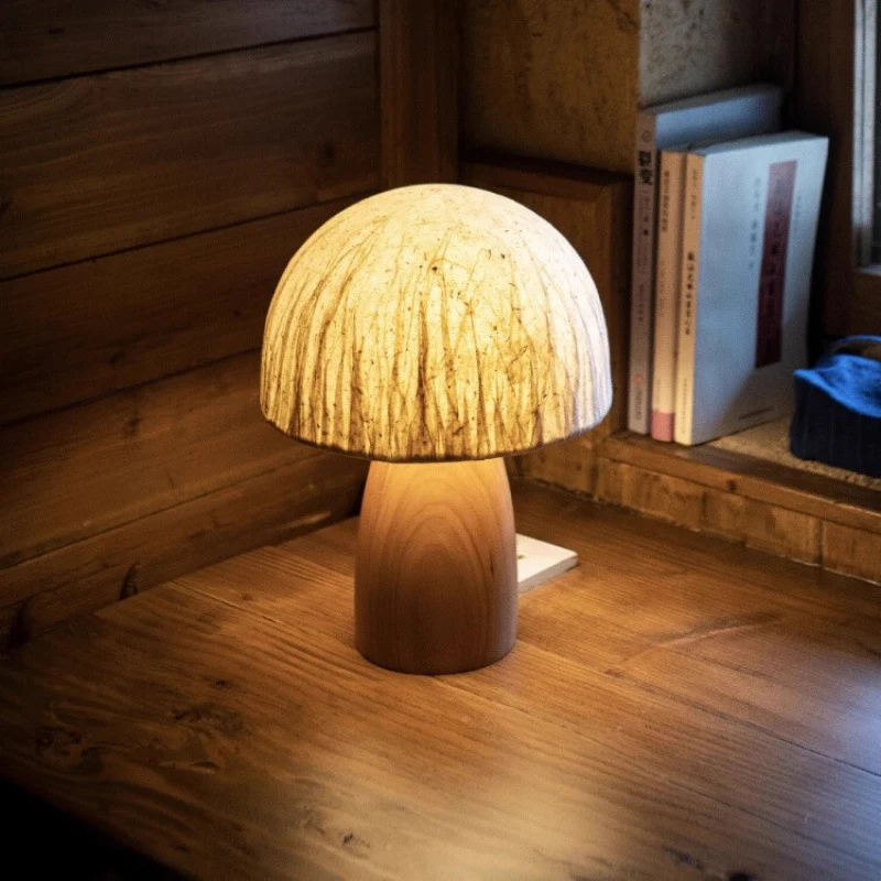Traditional Japanese Handmade Paper Mushroom Shade Solid Wood 1-Light Table Lamp For Bedroom