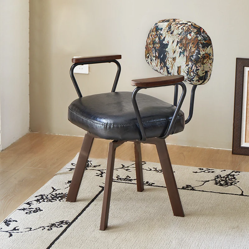 Contemporary Retro PU Leather Metal Sunflower Floral Swivel Desk Chair Backrest Armrest For Study