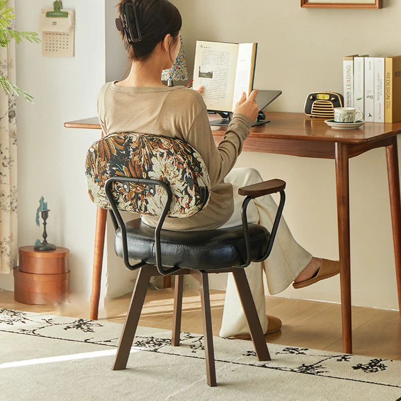 Contemporary Retro PU Leather Metal Sunflower Floral Swivel Desk Chair Backrest Armrest For Study